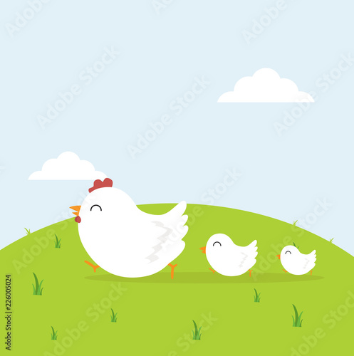 happy chicken family in field