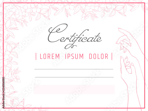Certificate template manicure and nail design. Diploma spa care hands.