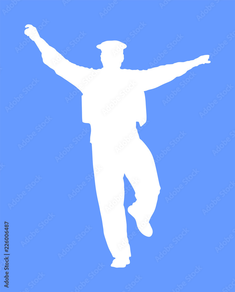 A Greek Evzone dancing vector silhouette isolated on blue background. Traditional wedding dance. Dancing man silhouette vector illustration. Traditional Balkan dance. Sirtaki, Syrtaki, Zorba dance. 