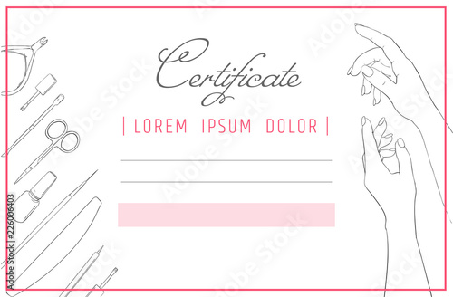 Certificate template manicure and nail design. Diploma spa care hands.