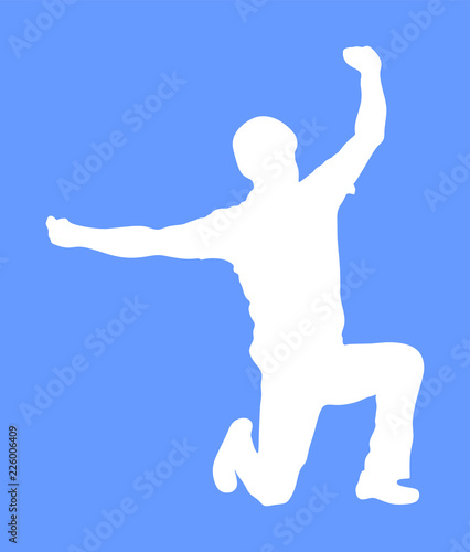A Greek Evzone dancing vector silhouette isolated on blue background. Traditional wedding dance. Dancing man silhouette vector illustration. Traditional Balkan dance. Sirtaki, Syrtaki, Zorba dance. 