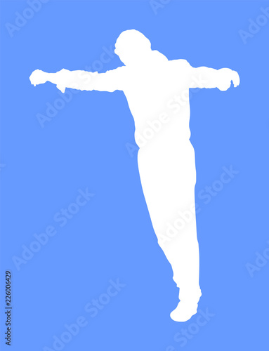 A Greek Evzone dancing vector silhouette isolated on blue background. Traditional wedding dance. Dancing man silhouette vector illustration. Traditional Balkan dance. Sirtaki, Syrtaki, Zorba dance. 
