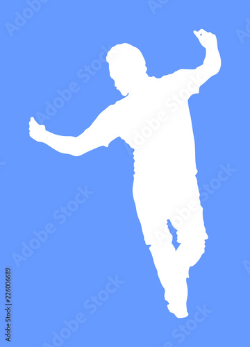 A Greek Evzone dancing vector silhouette isolated on blue background. Traditional wedding dance. Dancing man silhouette vector illustration. Traditional Balkan dance. Sirtaki, Syrtaki, Zorba dance. 