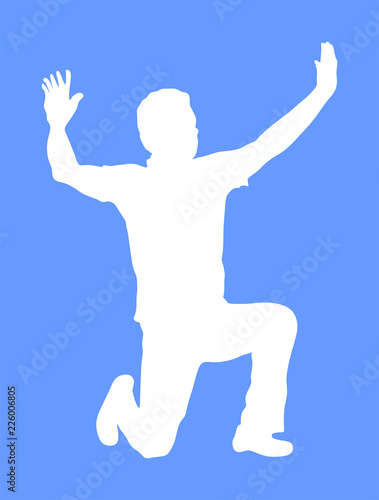 A Greek Evzone dancing vector silhouette isolated on blue background. Traditional wedding dance. Dancing man silhouette vector illustration. Traditional Balkan dance. Sirtaki, Syrtaki, Zorba dance. 