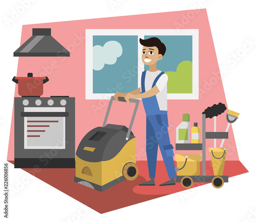 Worker of cleaning service with washing machine