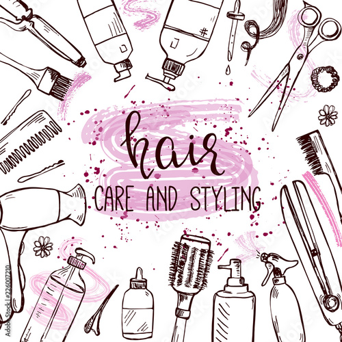 Template with hand drawn hair styling and care products