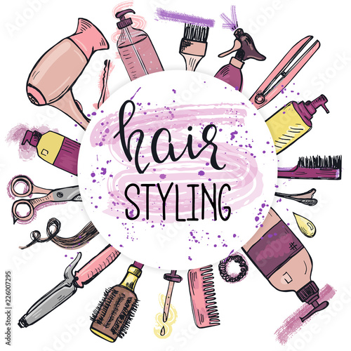 Template with hand drawn hair styling and care products