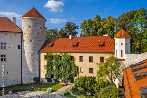 Pieskowa Skala, Poland - Inner courtyard and gothic tower of historic castle Pieskowa Skala by the Pradnik river in the Ojcowski National Park photo