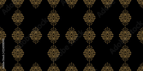 Seamless pattern of tribal african motifs stye drawing with gold color isolated on black background. Vector illustration for fashion wrapping and textile print.