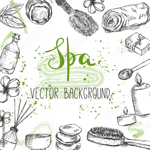 Template with hand drawn beauty and spa related products and objects and place for text