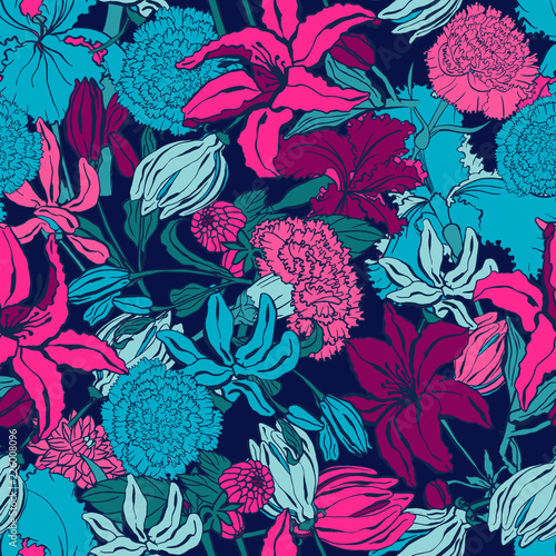 Wzór z lilii, ylang, róże, kwiaty goździka. Ilustracja wektorowa kolorowe. Druk na tekstylia domowe i odzież, tkaniny, tekstylia