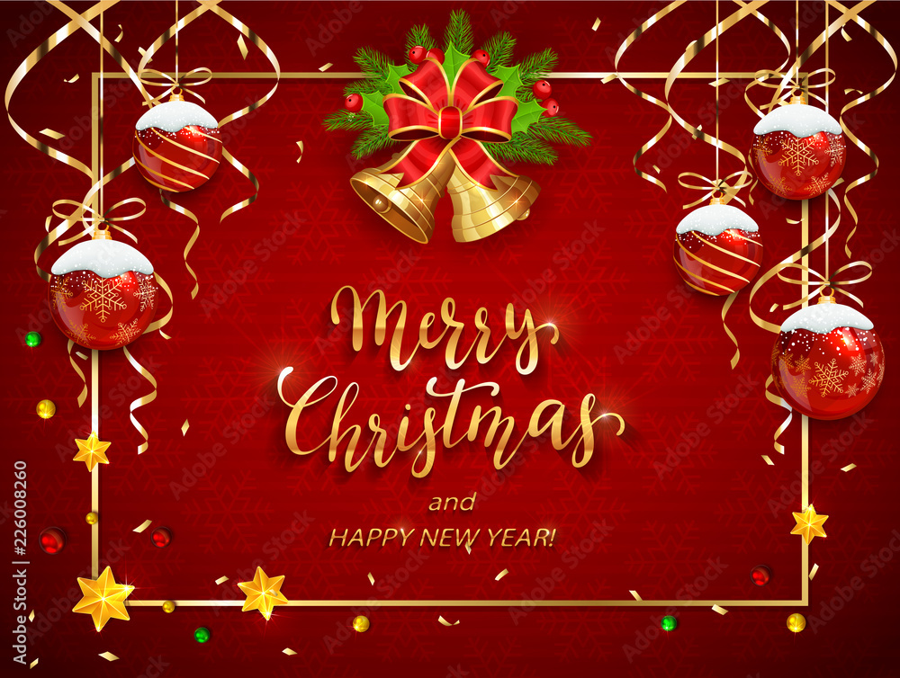 Fototapeta premium Christmas balls and bells on red background