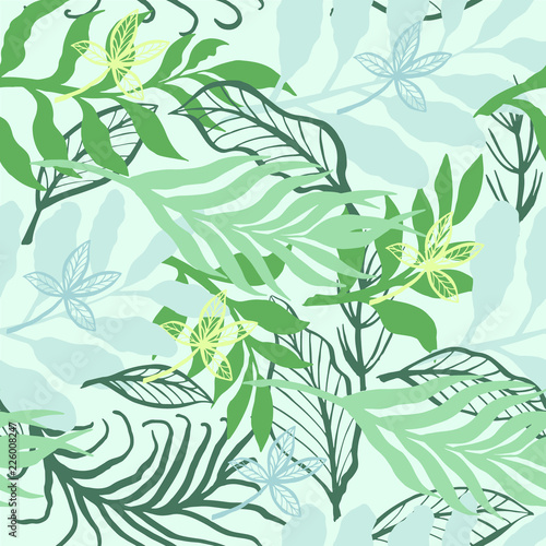 Seamless tropical leaves palms pattern. Exotic. Green colors. Background for fashion  interior  stationery  web.