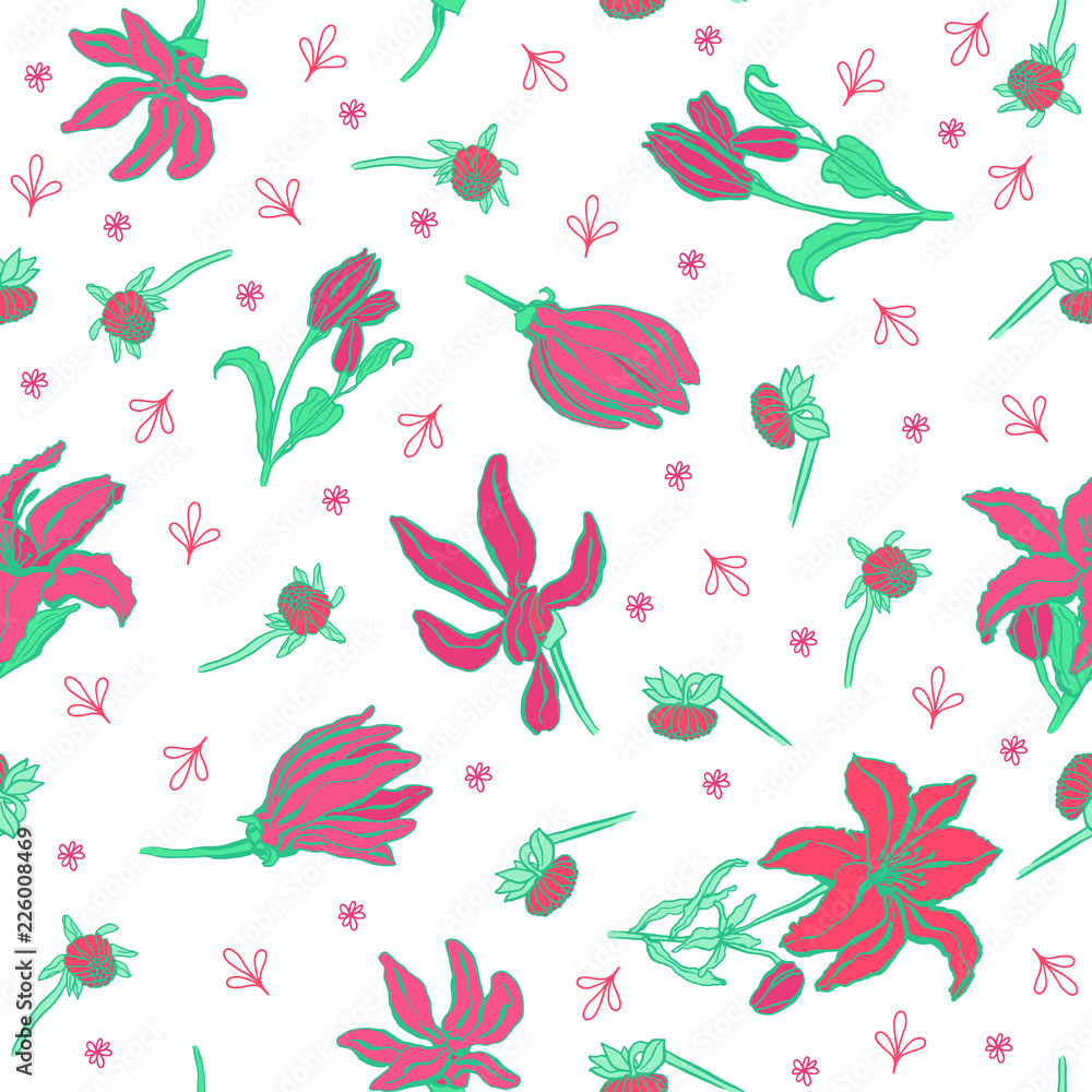 Seamless pattern with lilium, ylang, roses, carnation flowers. Colorful vector illustration. Print for home textile and clothes, fabric, textile