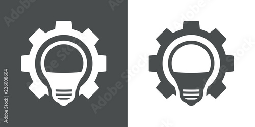 Icono plano bombilla led en engranaje en gris y blanco