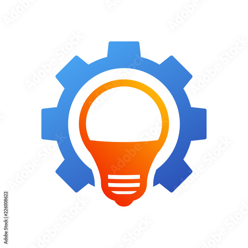 Icono plano bombilla led en engranaje en naranja y azul