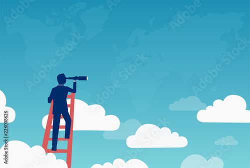 Business vision vector concept with businessman standing on top of ladder above clouds looking for new international opportunities