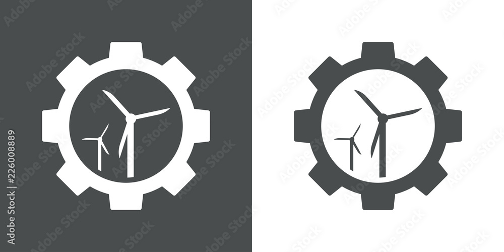 Icono plano engranaje con turbina eólica en gris y blanco Icono plano engranaje con turbina eólica en gris y blanco