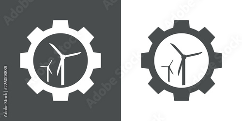 Icono plano engranaje con turbina eólica en gris y blanco