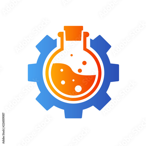 Icono plano engranaje con probeta circular en azul y naranja