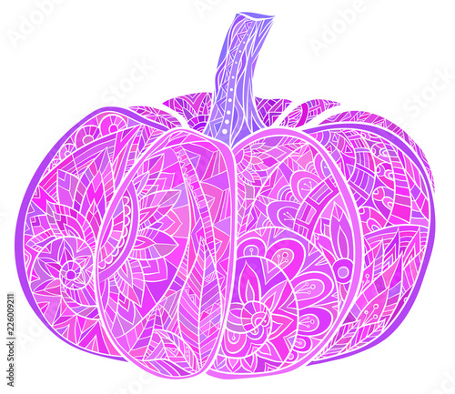 Neon doodle illustration of pumpkin with a boho pattern. Objects separate from the background.  Vector element for your creativity