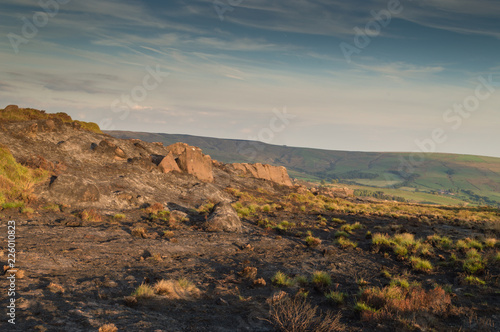 The scorched landscape of The Roaches, Staffordshire after a wildfire in the Peak District National Park
