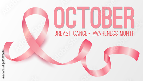 Realistic pink ribbon, october breast cancer awareness month. Banner, information poster design, template with symbol. Vector illustration.