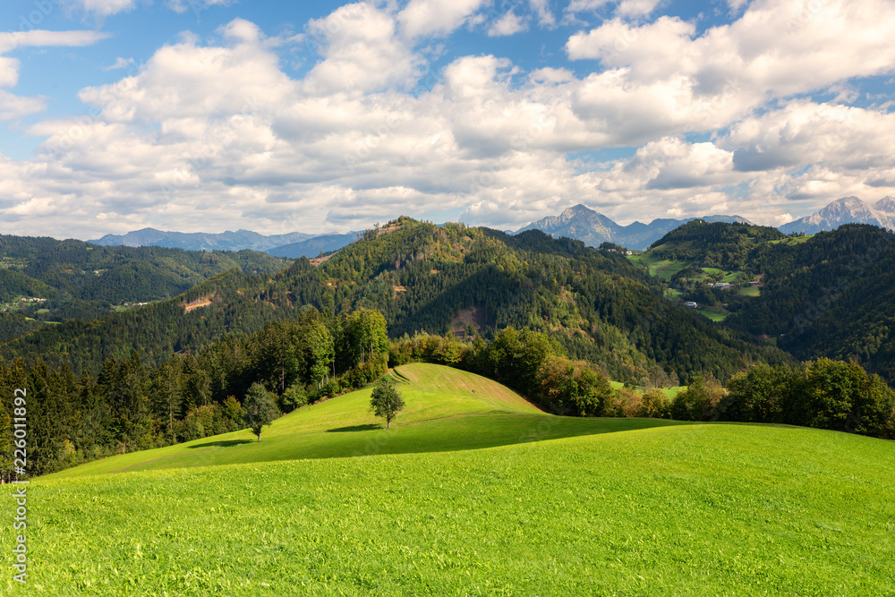 Sunny landscape mountain view at Slovenia, Julian Alps. Hills and forest below the Alps. Sunny landscape mountain view at Slovenia, Julian Alps. Hills and forest below the Alps.