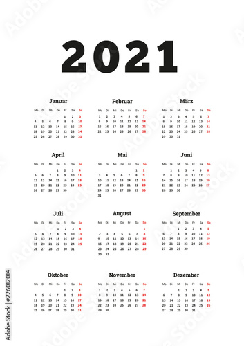 2021 year simple calendar on german language, A4 size vertical sheet isolated on white