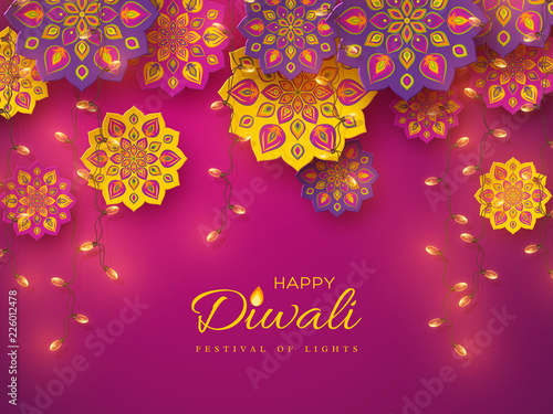 Diwali festival holiday design with paper cut style of Indian Rangoli and garlands. Purple color background. Vector illustration.