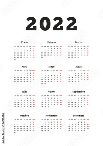 2022 year simple calendar in spanish, A4 size vertical sheet isolated on white
