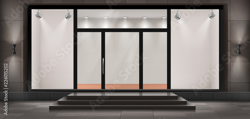 Vector illustration of storefront with steps and entrance door, glass illuminated showcase for presentations and museum exhibitions. Large shop window, empty fashion boutique or showroom with lights