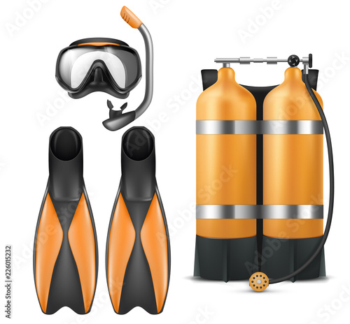 Vector realistic diver equipment set, snorkeling mask with snorkel, orange aqualung and flippers isolated on white background. Clipart with black goggles, rubber swim fins, sport gear for scuba diving