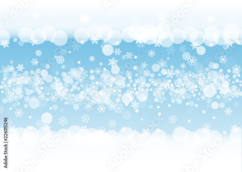 Snow border with white snowflakes on horizontal winter background. Merry Christmas and Happy New Year snow border for season sales, banners, invitations, retail offers. Falling snow. Winter window.