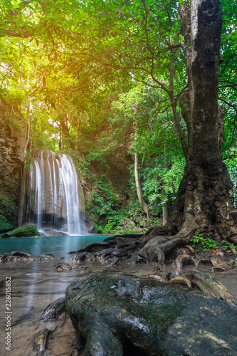 Erawan waterfall in tropical forest of national park, Thailand 