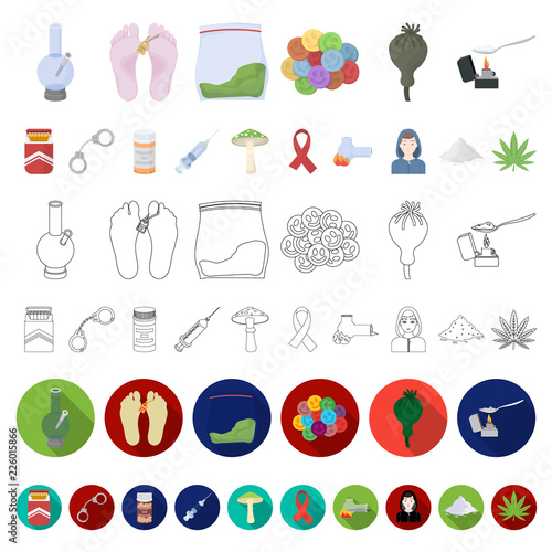 Drug addiction and attributes cartoon icons in set collection for design. Addict and Drug vector symbol stock web illustration.