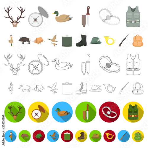 Hunting and trophy cartoon icons in set collection for design. Hunting and equipment vector symbol stock web illustration.