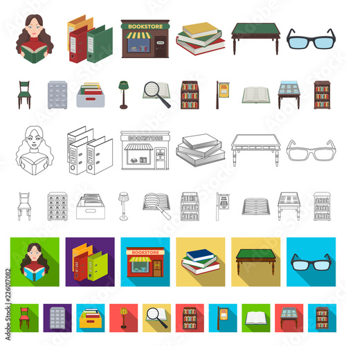 Library and bookstore cartoon icons in set collection for design. Books and furnishings vector symbol stock web illustration.