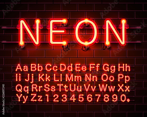 Neon city color red font. English alphabet and numbers sign. Vector illustration