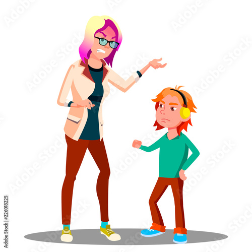 Angry Mother Scolding Her Son Vector. Isolated Illustration