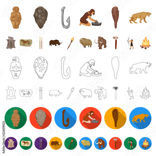 Life in the Stone Age cartoon icons in set collection for design. Ancient people vector symbol stock web illustration.