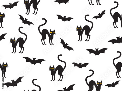 Abstract seamless pattern Halloween with cat and bat on white background