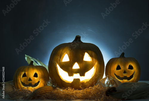 Halloween Pumpkin head jack lantern. Halloween concept. Copy space black background