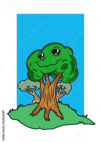 A funny cartoon tree character with face. Vector illustration