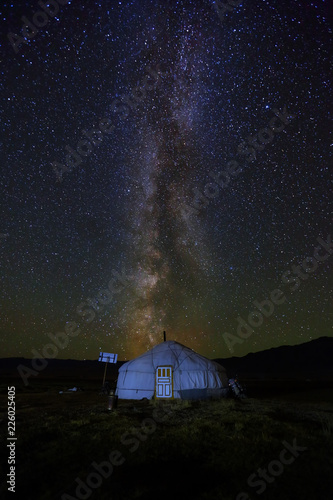 Milky way over ger camp in Mongolia desert. Millions of stars in the sky at night in Mongol desert at a ger tent camp. 