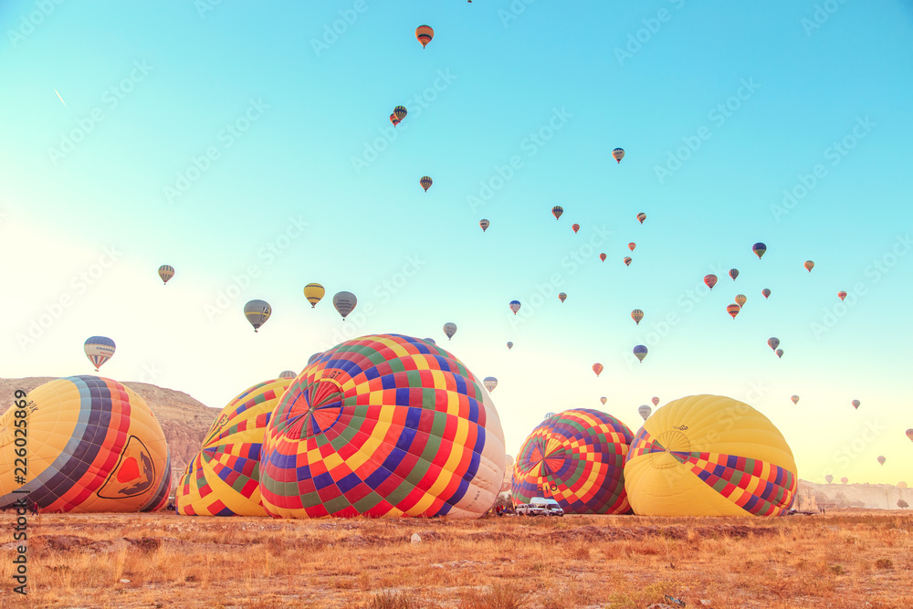 Naklejka premium Preparing hot air balloons to flyght. Dawn in Cappadocia.