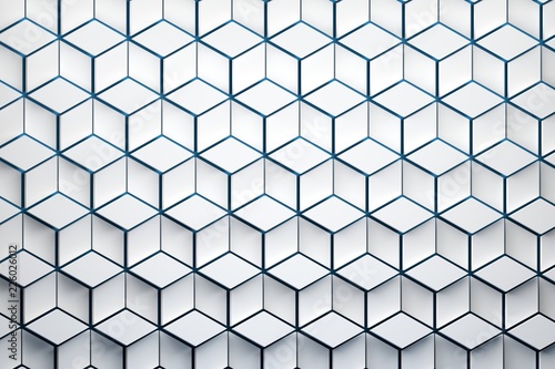 Front view of the surface with hexagonal pattern. White hexagon shapes made of rhombus shapes arranged in repeating pattern. 3d illustration.