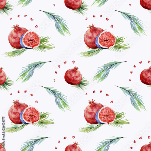 Fototapeta Naklejka Na Ścianę i Meble -  Watecolor seamless pattern with christmas tree, pomegranateseeds and figs. Ideal for  gift wrapping paper