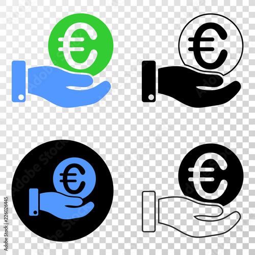 Euro coin donation hand EPS vector icon with contour, black and colored versions. Illustration style is flat iconic symbol on chess transparent background.