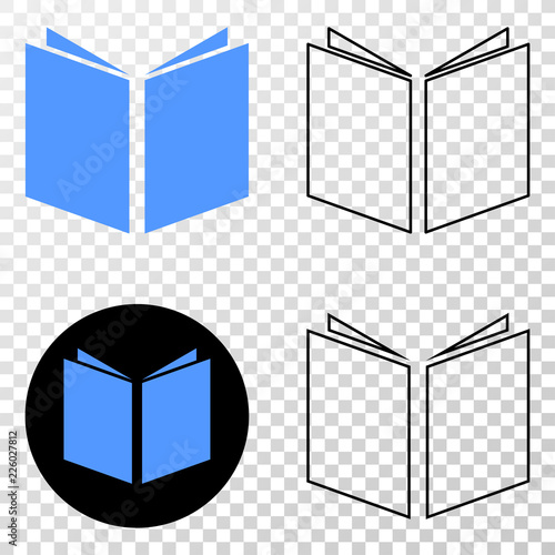 Open book EPS vector icon with contour, black and colored versions. Illustration style is flat iconic symbol on chess transparent background.